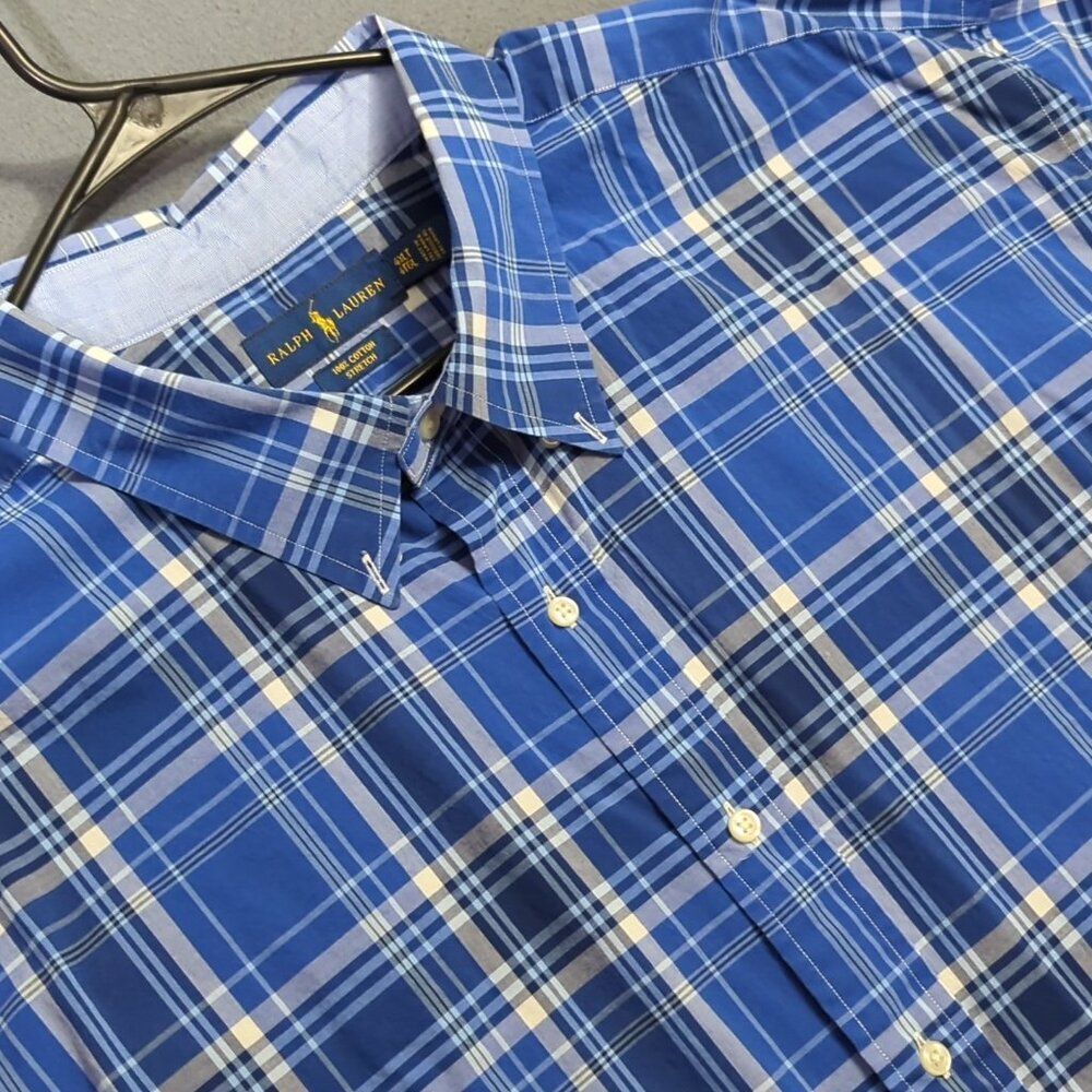 Ralph Lauren Shirt Men's 4XLT Blue Plaid Cotton Stretch Long Sleeve Button Up